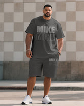 Men's Plus Size Titanium Grey Casual Sports Chest Large Logo Printed Short Sleeve T-Shirt Shorts Suit